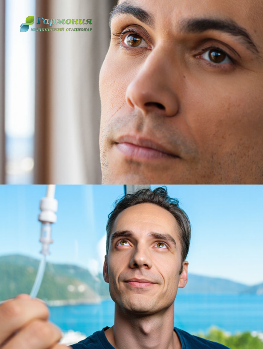 Картинка пополам - мужчина до и после капельницы для мозга