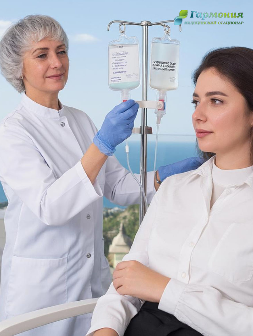 Врач и пациент с капельницей на фоне берега Лиды