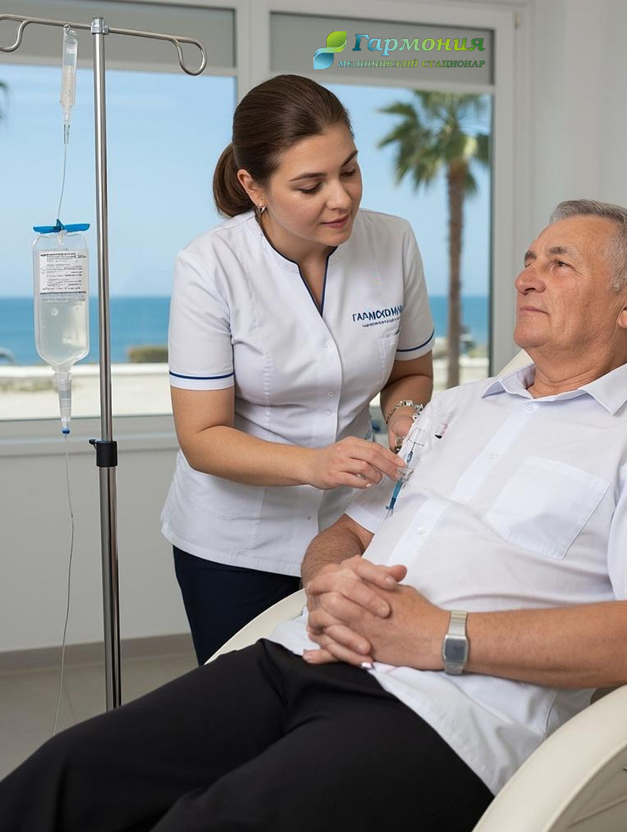 Врач и пациент с капельницей на фоне берега Лиды