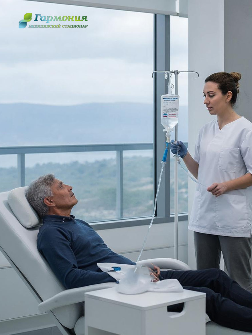 Врач и пациент с капельницей на фоне берега Лиды